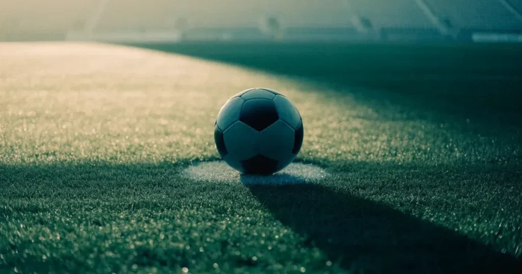 Un pallone da calcio sul dischetto del centrocampo di un prato, alla luce del mattino
