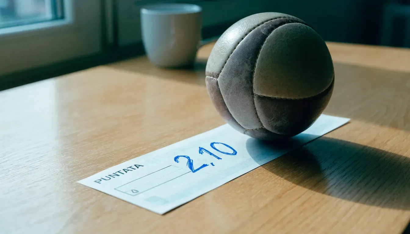Un pallone da calcio appoggiato su una schedina bianca su un tavolo di legno, alla luce del giorno