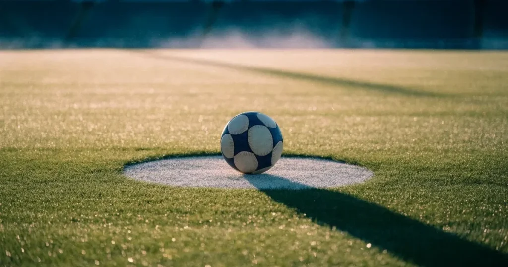 Un pallone da calcio sul dischetto del centrocampo di un prato, alla luce del mattino