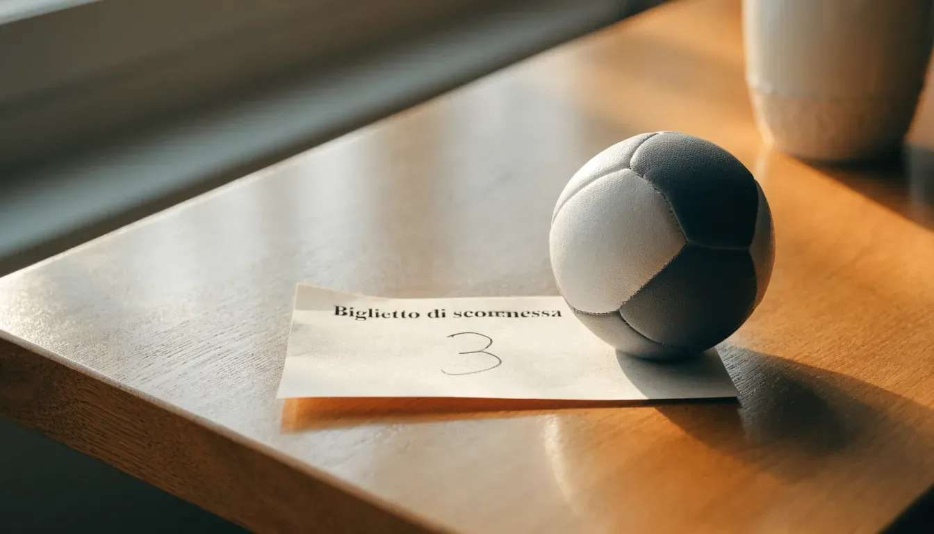 Un pallone da calcio appoggiato su una schedina bianca su un tavolo di legno, alla luce del giorno