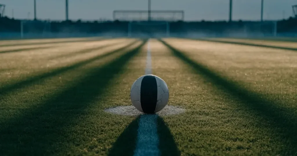Un pallone da calcio sul dischetto del centrocampo di un prato, alla luce del mattino