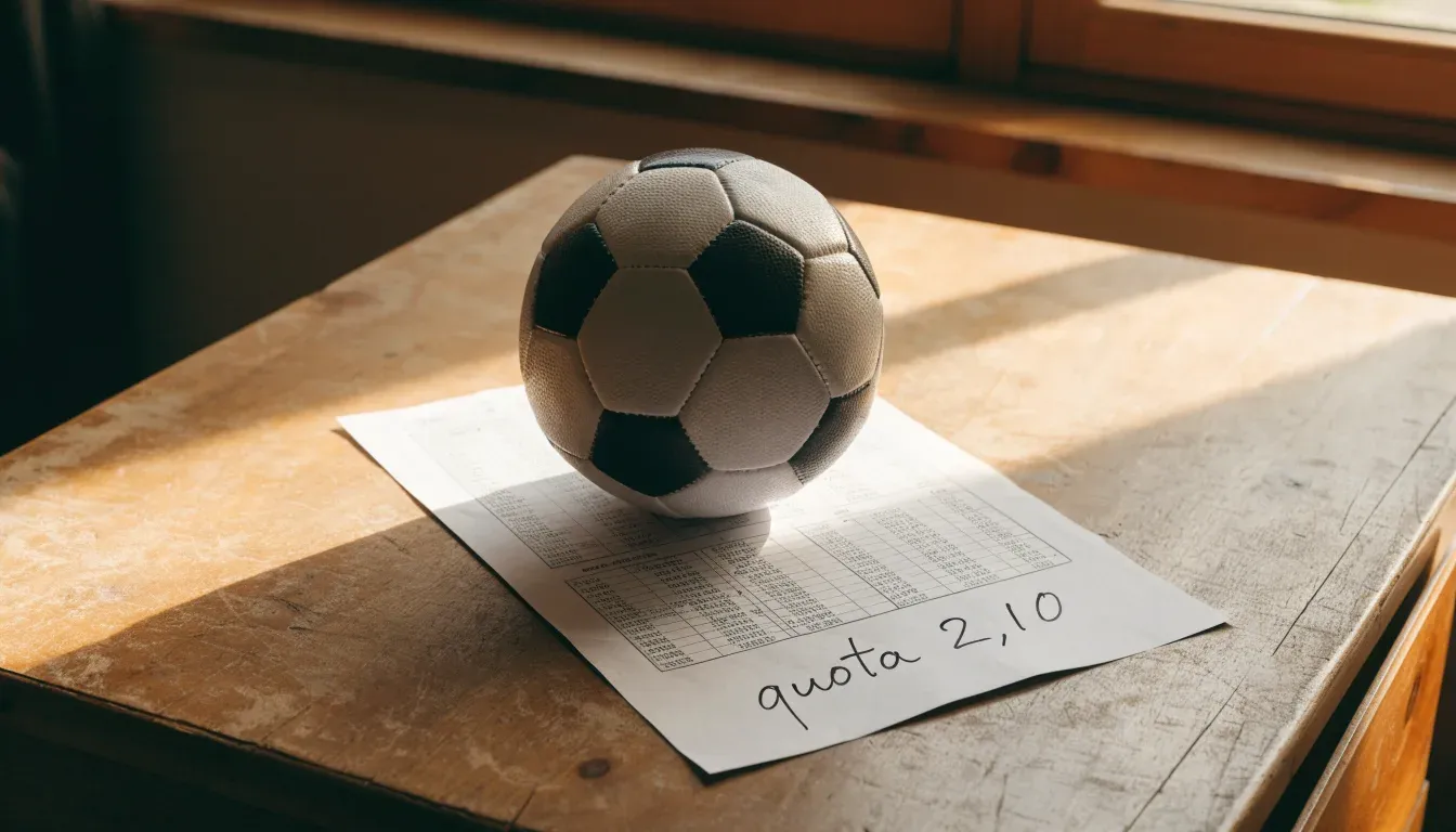 Un pallone da calcio appoggiato su una schedina bianca su un tavolo di legno, alla luce del giorno