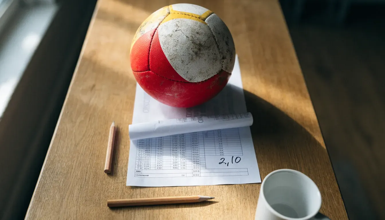 Un pallone da calcio appoggiato su una schedina bianca su un tavolo di legno, alla luce del giorno