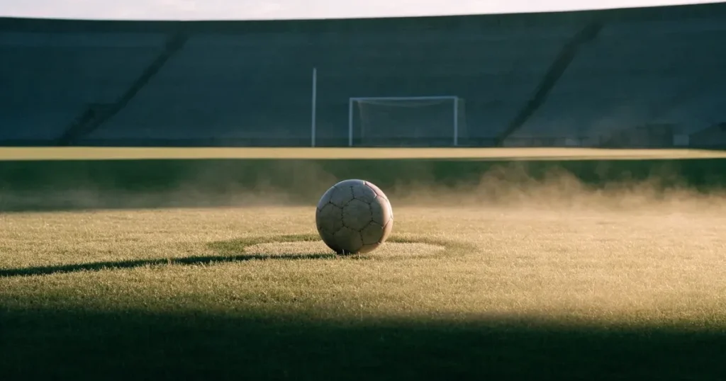 Un pallone da calcio sul dischetto del centrocampo di un prato, alla luce del mattino