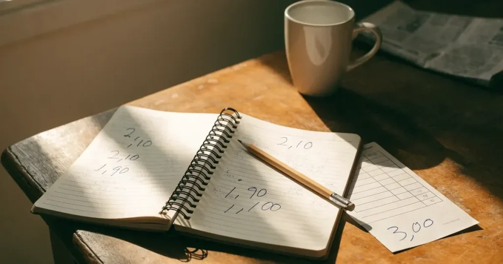 Un quaderno aperto con quote scritte a mano, una calcolatrice e una matita su un tavolo di legno