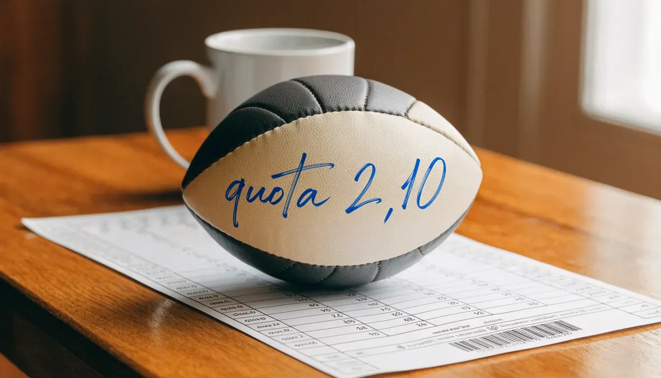 Un pallone da calcio appoggiato su una schedina bianca su un tavolo di legno, alla luce del giorno