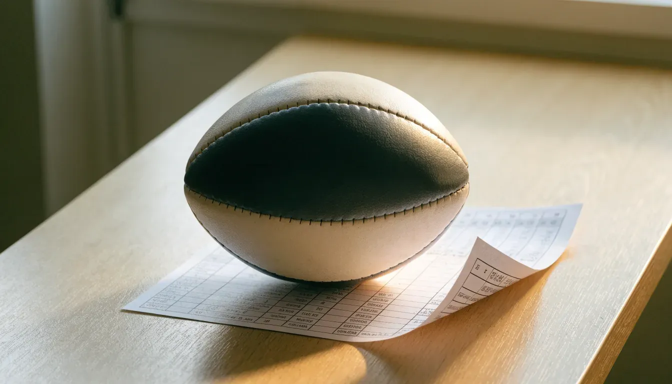 Un pallone da calcio appoggiato su una schedina bianca su un tavolo di legno, alla luce del giorno