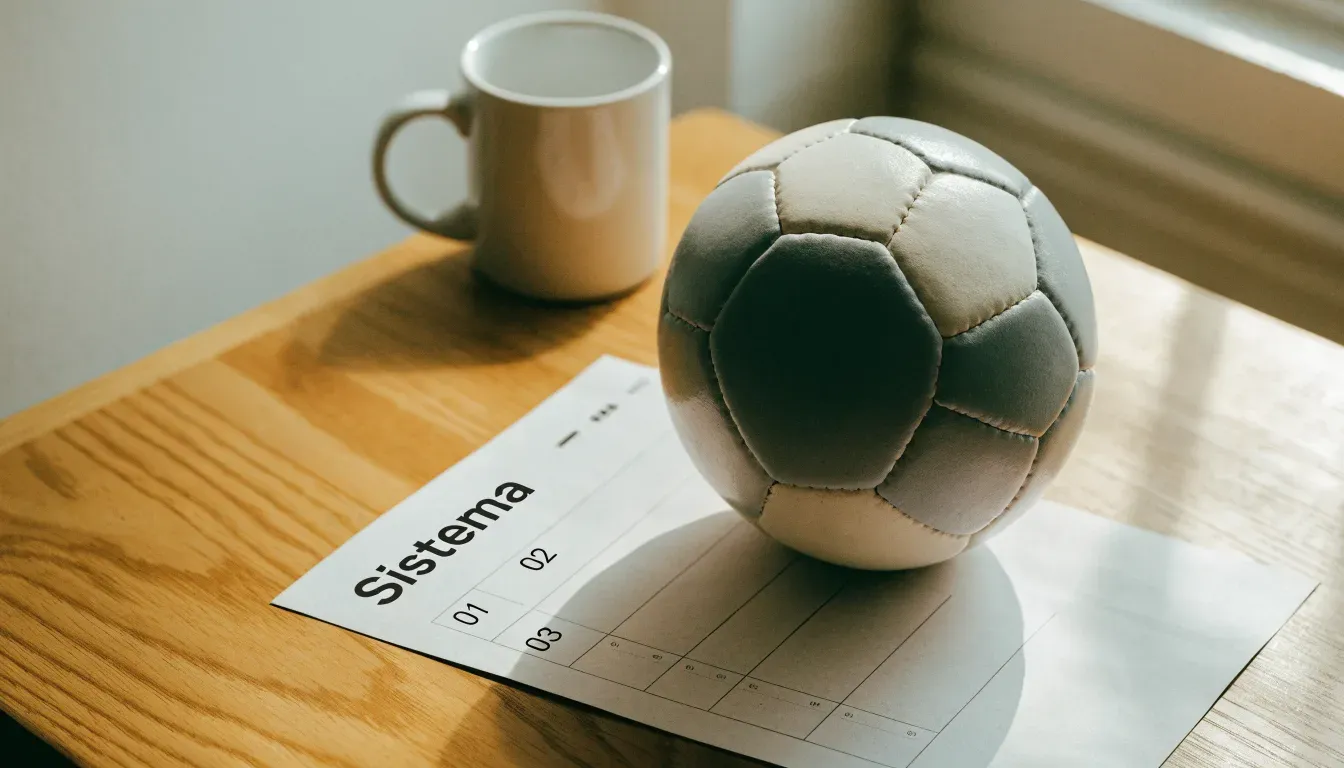 Un pallone da calcio appoggiato su una schedina bianca su un tavolo di legno, alla luce del giorno