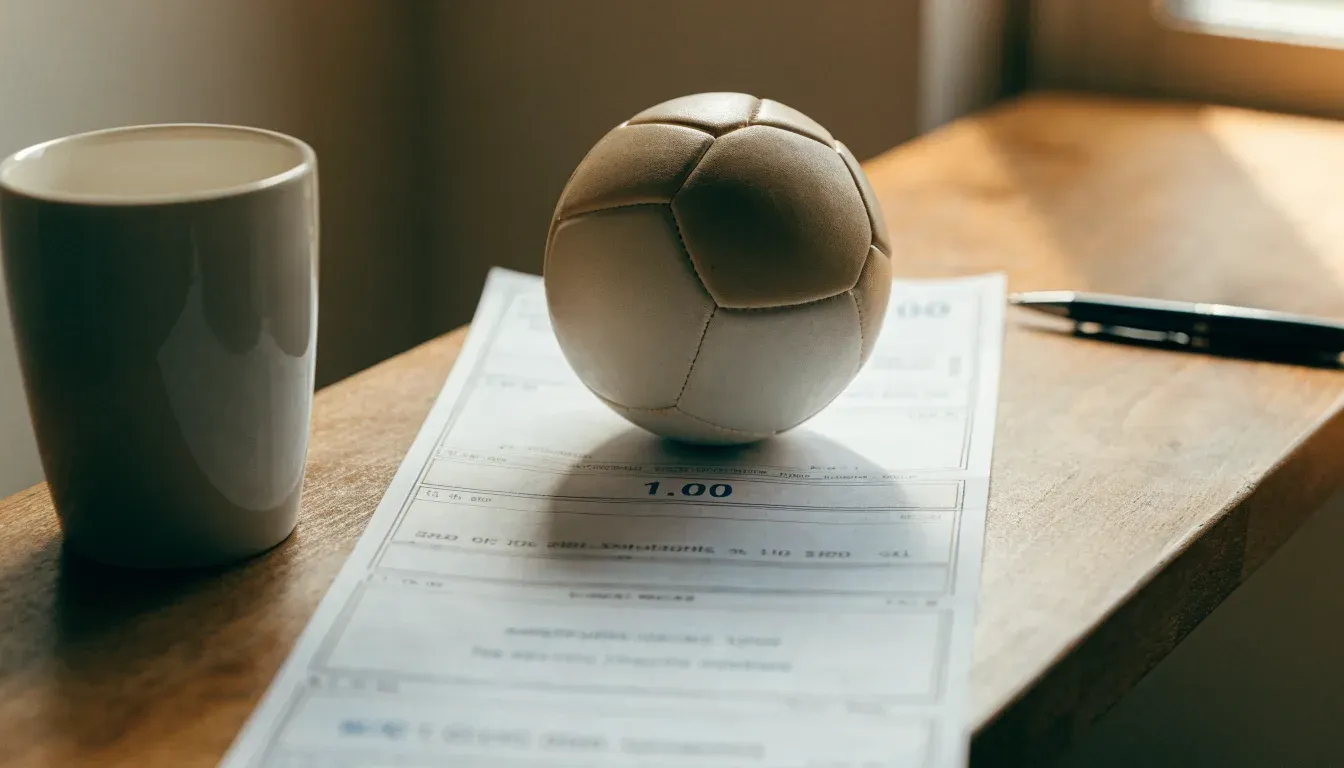Un pallone da calcio appoggiato su una schedina bianca su un tavolo di legno, alla luce del giorno