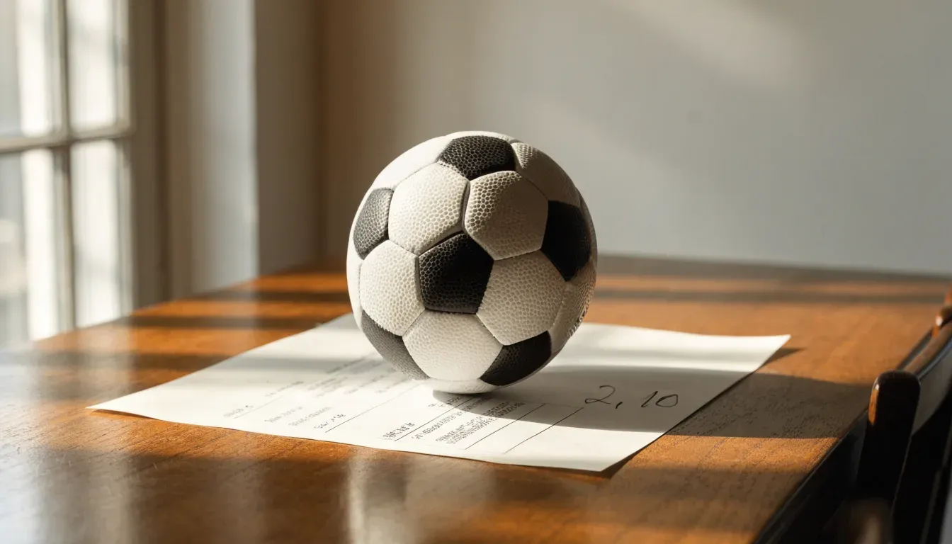 Un pallone da calcio appoggiato su una schedina bianca su un tavolo di legno, alla luce del giorno