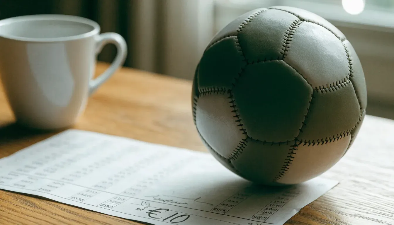 Un pallone da calcio appoggiato su una schedina bianca su un tavolo di legno, alla luce del giorno