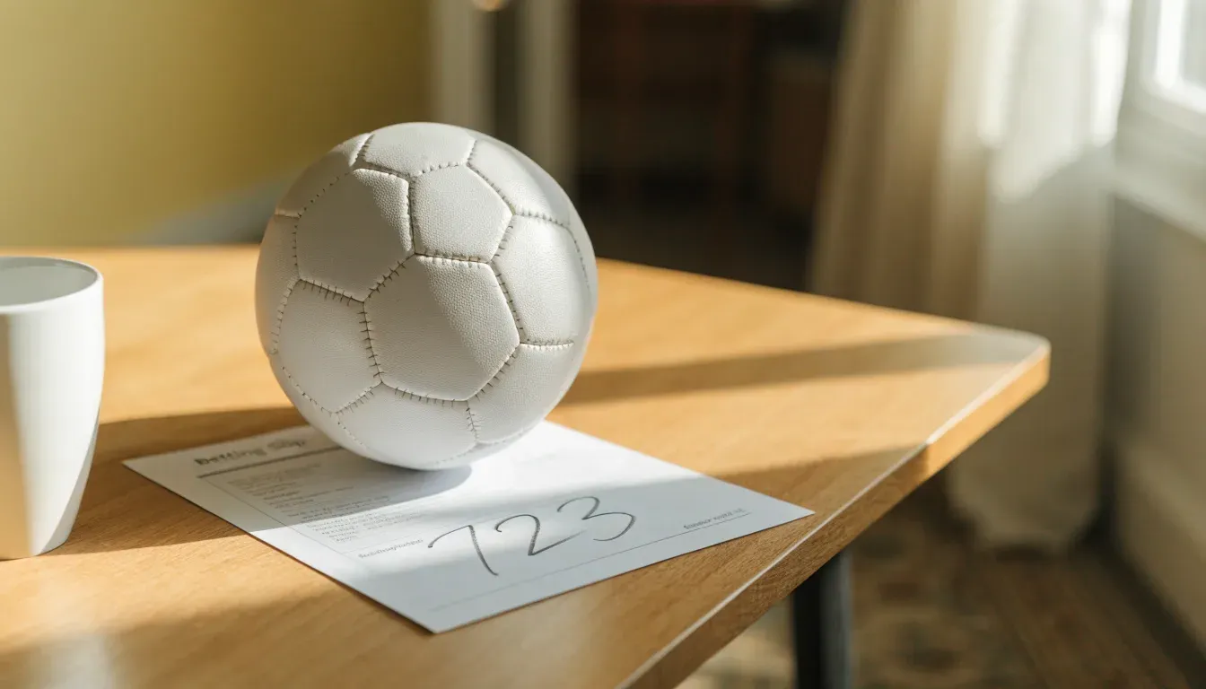 Un pallone da calcio appoggiato su una schedina bianca su un tavolo di legno, alla luce del giorno