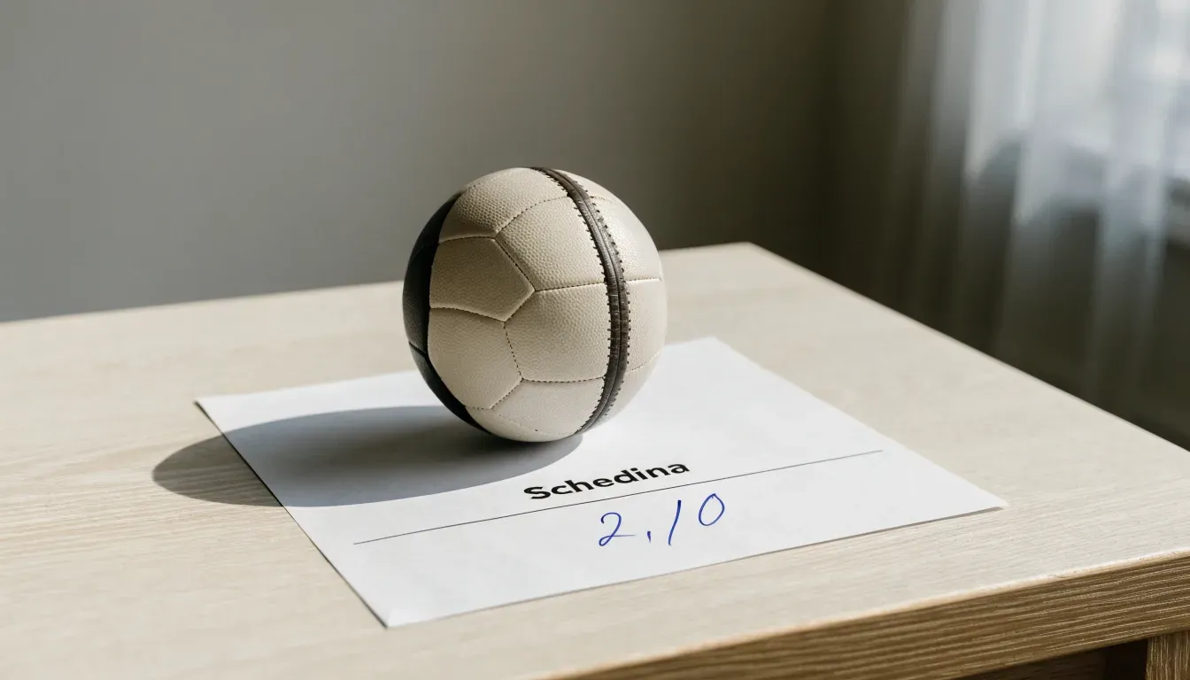 Un pallone da calcio appoggiato su una schedina bianca su un tavolo di legno, alla luce del giorno