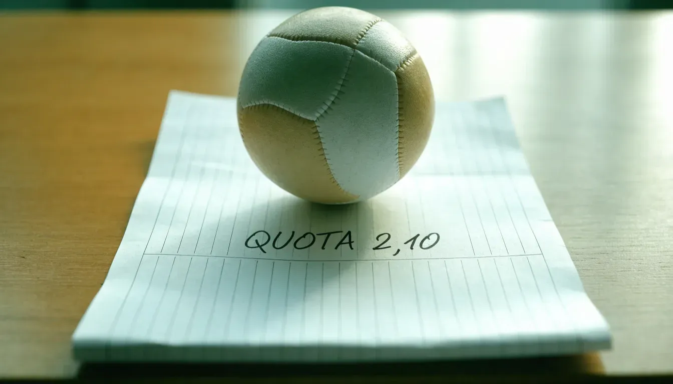 Un pallone da calcio appoggiato su una schedina bianca su un tavolo di legno, alla luce del giorno