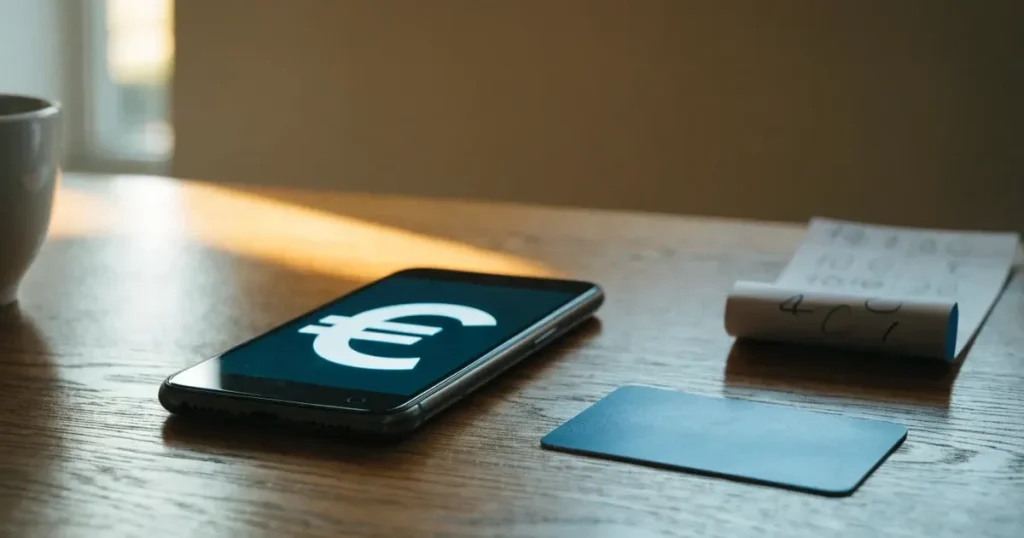 Uno smartphone e una carta di pagamento affiancati su un tavolo di legno, con alcune banconote da euro accanto