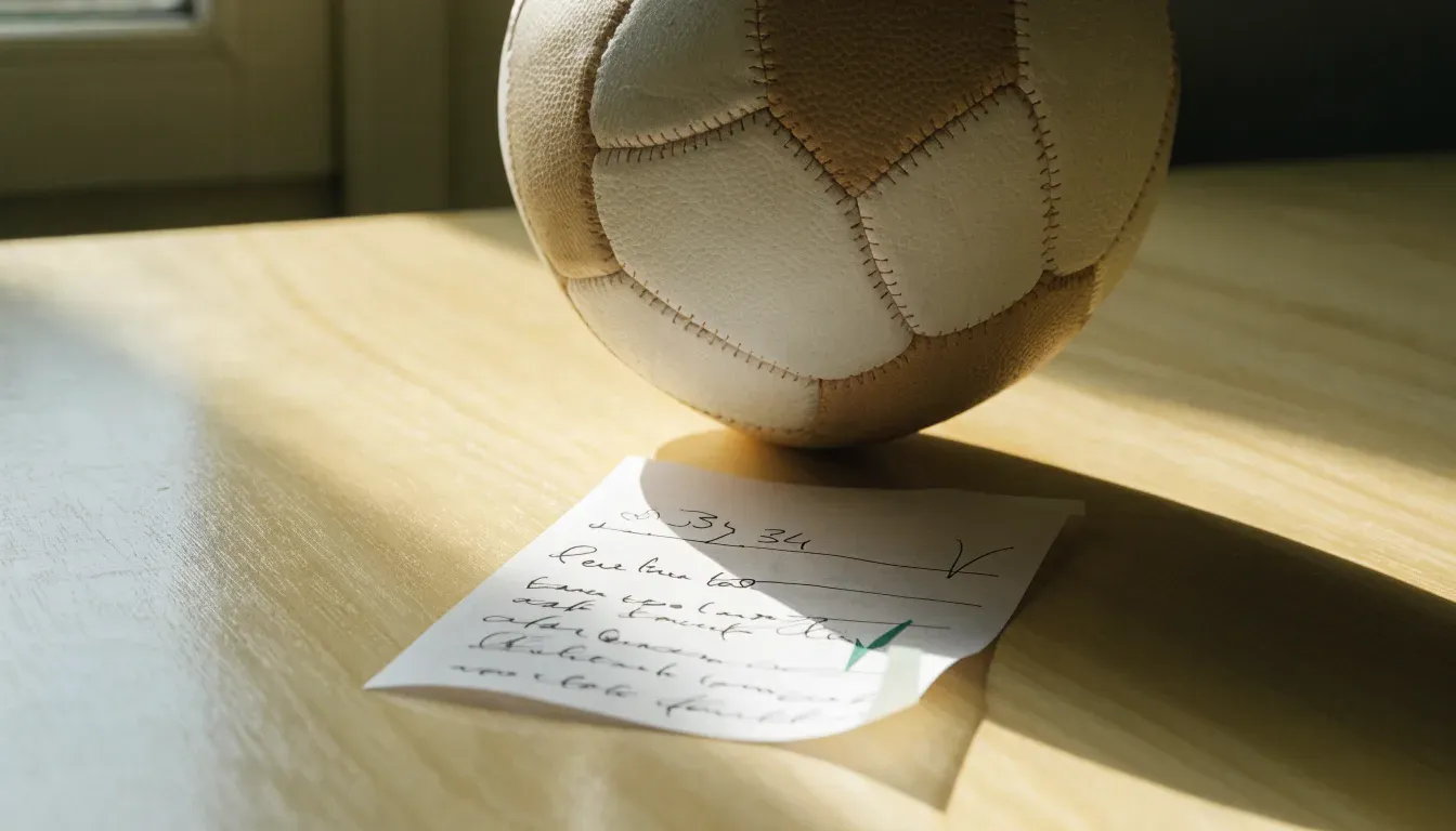 Un pallone da calcio appoggiato su una schedina bianca su un tavolo di legno, alla luce del giorno
