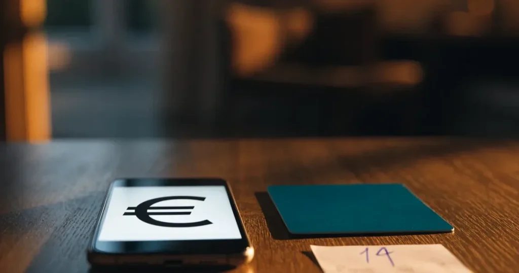 Uno smartphone e una carta di pagamento affiancati su un tavolo di legno, con alcune banconote da euro accanto