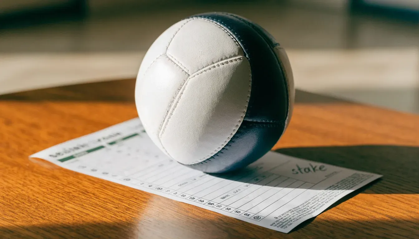 Un pallone da calcio appoggiato su una schedina bianca su un tavolo di legno, alla luce del giorno