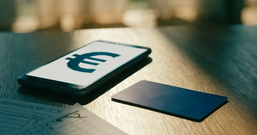 Uno smartphone e una carta di pagamento affiancati su un tavolo di legno, con alcune banconote da euro accanto