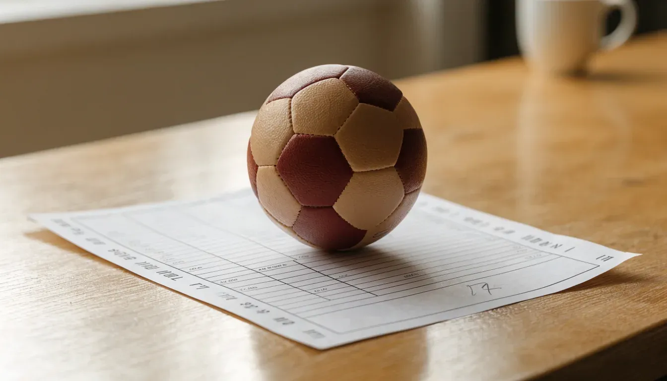 Un pallone da calcio appoggiato su una schedina bianca su un tavolo di legno, alla luce del giorno