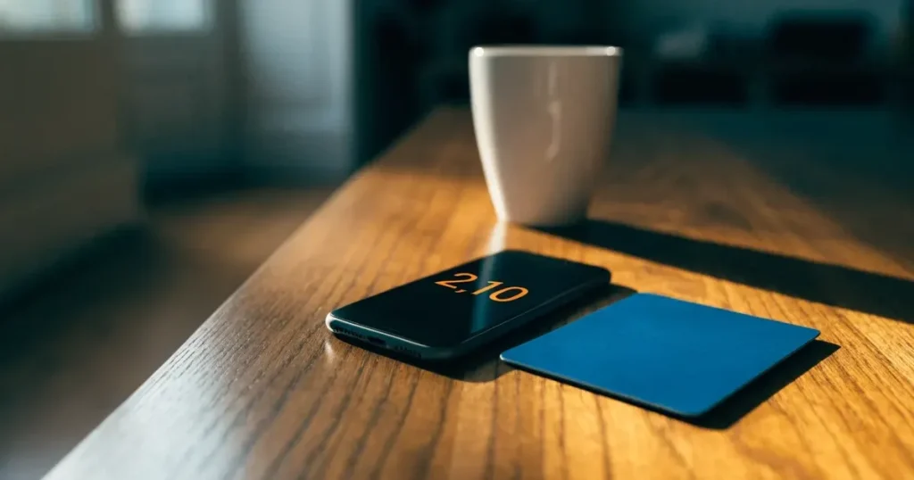 Uno smartphone e una carta di pagamento affiancati su un tavolo di legno, con alcune banconote da euro accanto