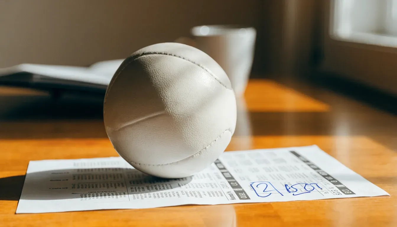 Un pallone da calcio appoggiato su una schedina bianca su un tavolo di legno, alla luce del giorno