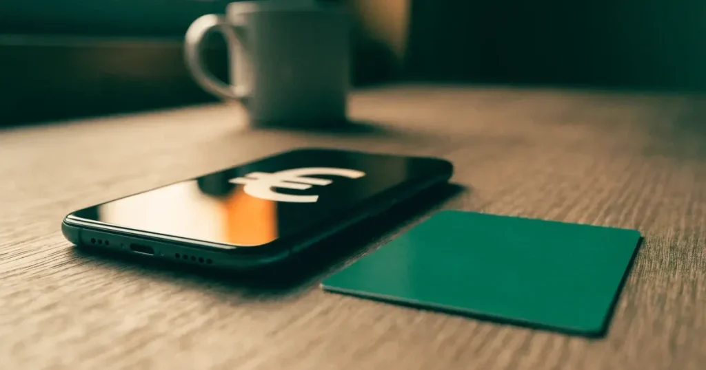 Uno smartphone e una carta di pagamento affiancati su un tavolo di legno, con alcune banconote da euro accanto