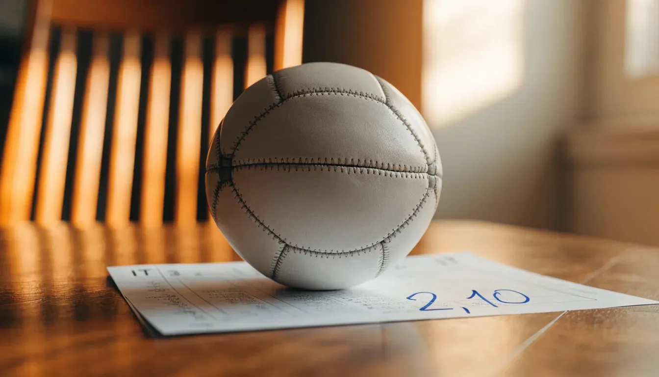 Un pallone da calcio appoggiato su una schedina bianca su un tavolo di legno, alla luce del giorno