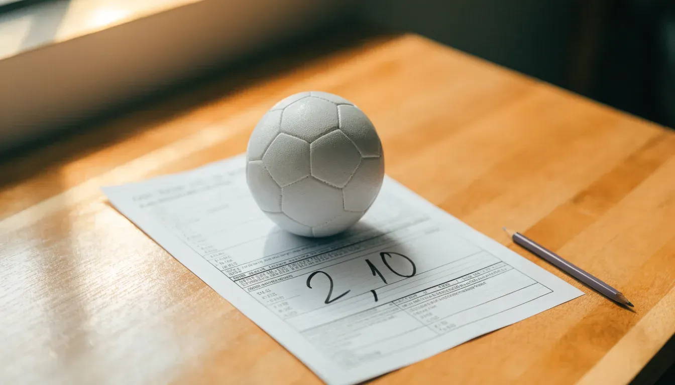 Un pallone da calcio appoggiato su una schedina bianca su un tavolo di legno, alla luce del giorno