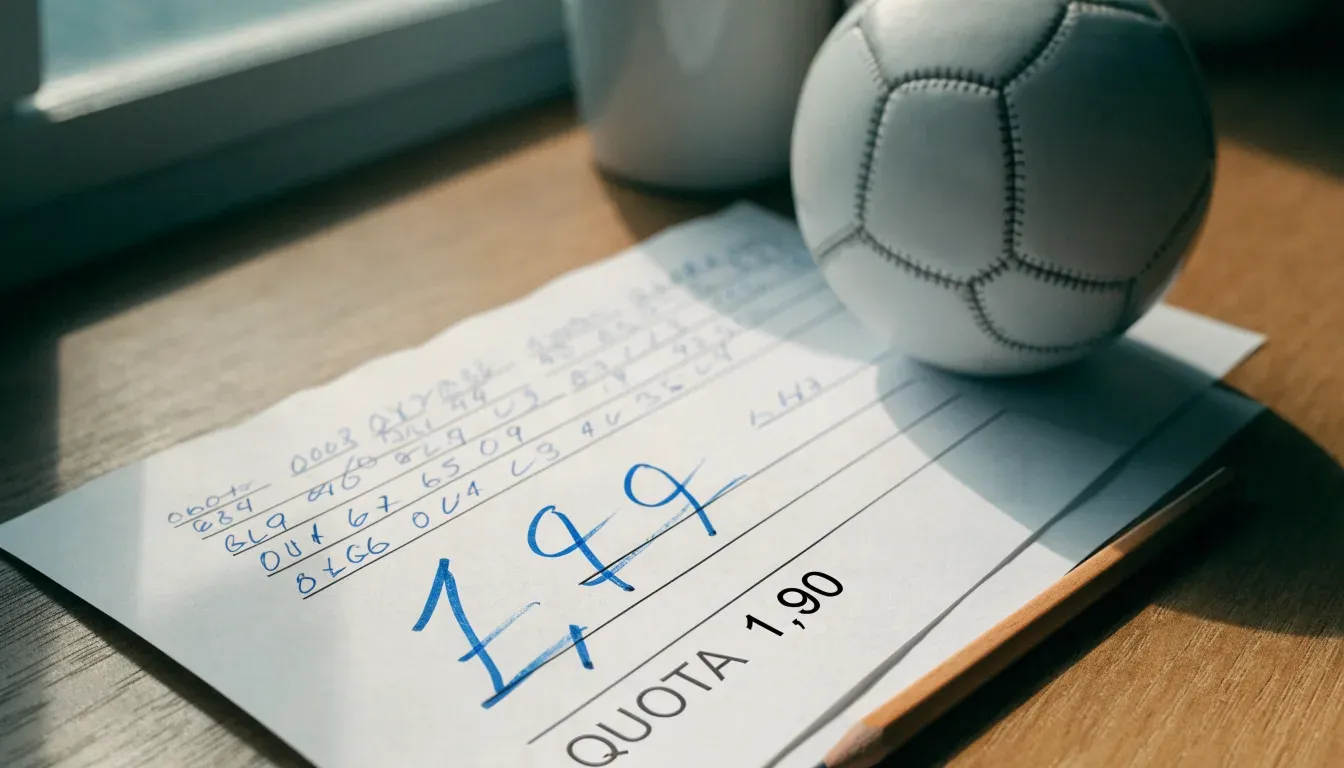Un pallone da calcio appoggiato su una schedina bianca su un tavolo di legno, alla luce del giorno
