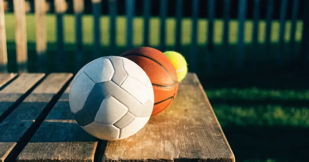 Tre palloni di sport diversi allineati uno accanto all'altro su una panca di legno