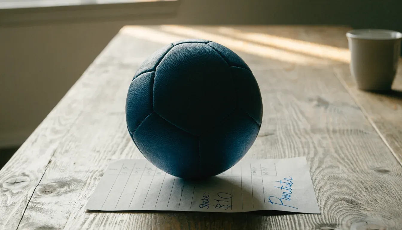 Un pallone da calcio appoggiato su una schedina bianca su un tavolo di legno, alla luce del giorno