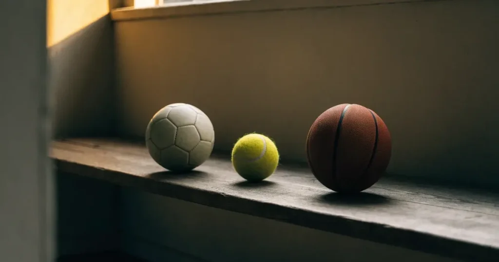 Tre palloni di sport diversi allineati uno accanto all'altro su una panca di legno
