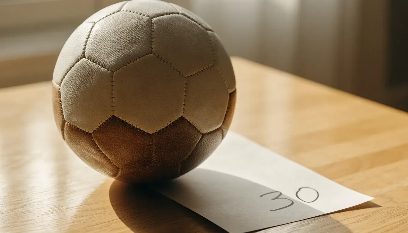Un pallone da calcio appoggiato su una schedina bianca su un tavolo di legno, alla luce del giorno