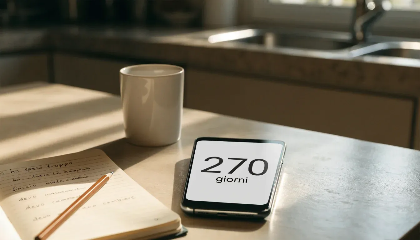 Un documento di identità appoggiato accanto a uno smartphone con un timer sullo schermo, su un tavolo da cucina