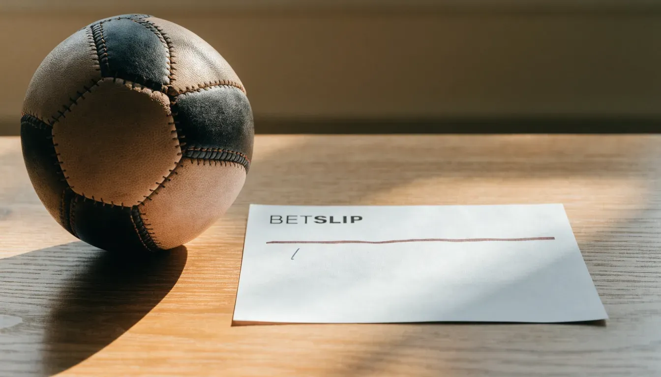 Un pallone da calcio appoggiato su una schedina bianca su un tavolo di legno, alla luce del giorno
