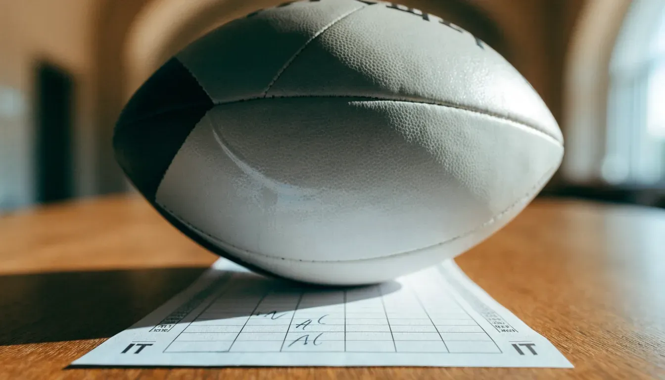 Un pallone da calcio appoggiato su una schedina bianca su un tavolo di legno, alla luce del giorno