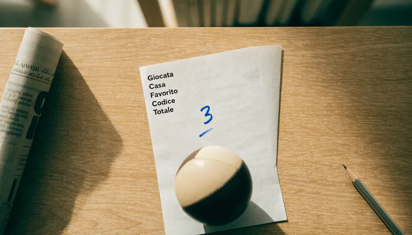 Un pallone da calcio appoggiato su una schedina bianca su un tavolo di legno, alla luce del giorno