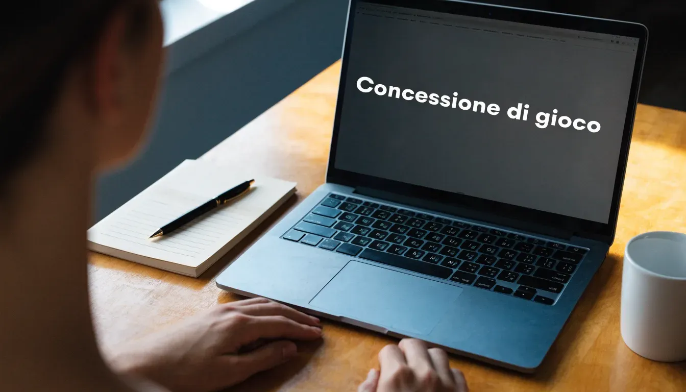 Un foglio di concessione in carta con un timbro rosso, appoggiato su una scrivania di legno accanto a una penna