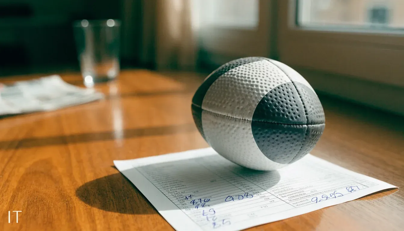 Un pallone da calcio appoggiato su una schedina bianca su un tavolo di legno, alla luce del giorno