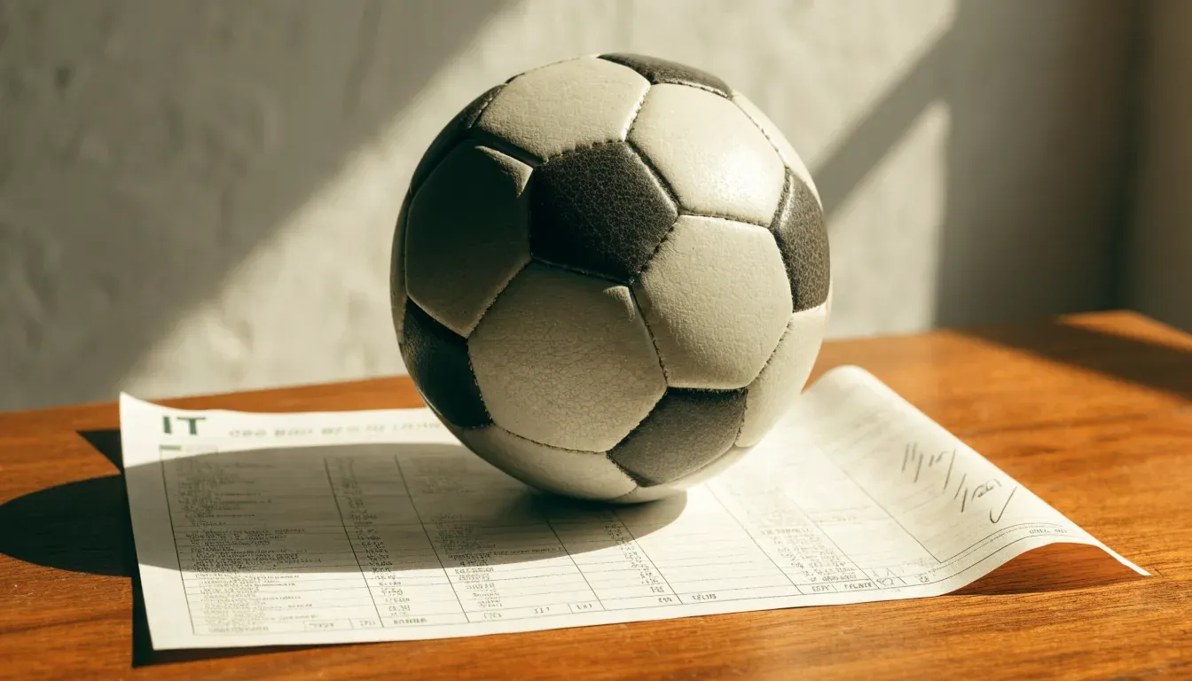 Un pallone da calcio appoggiato su una schedina bianca su un tavolo di legno, alla luce del giorno