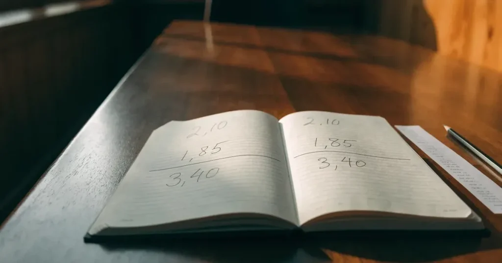 Un quaderno aperto con quote scritte a mano, una calcolatrice e una matita su un tavolo di legno