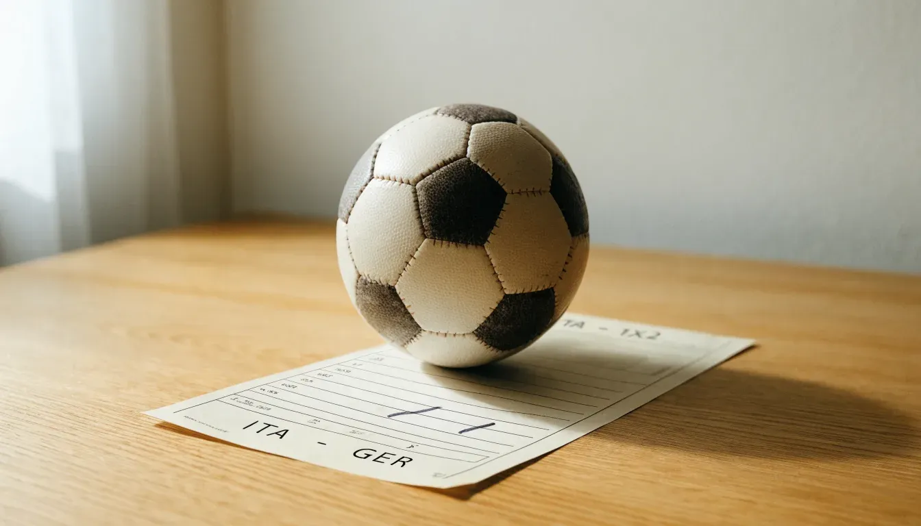 Un pallone da calcio appoggiato su una schedina bianca su un tavolo di legno, alla luce del giorno