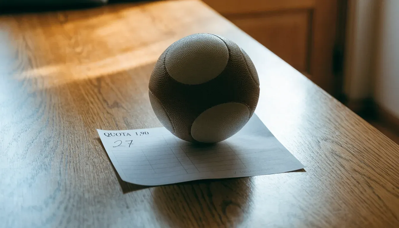 Un pallone da calcio appoggiato su una schedina bianca su un tavolo di legno, alla luce del giorno